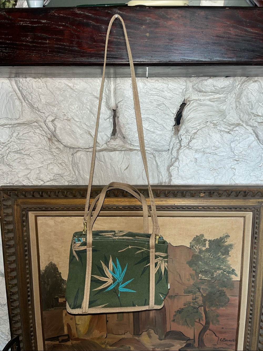 Liz Claiborne Green Canvas Messenger Bag with Tan Trim and Teal Leaf Accent